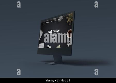 Black computer display with web design concept page layout. Web design and development studio presentation Stock Photo