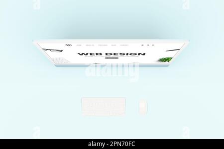Web design studio concept page on the screen, with a keyboard and mouse beside. The flat lay composition includes a blue desk. Digital rendering, UX, Stock Photo