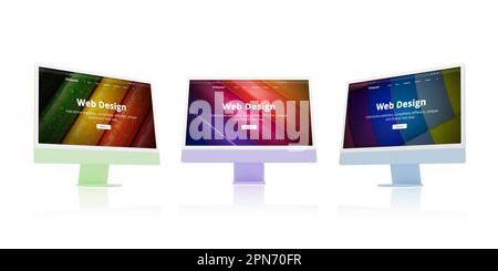 Colorful displays on a desk, showcasing a unique web design studio concept web page. Creativity, digital rendering, and modern web design concept Stock Photo