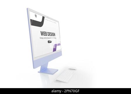 Web design studio concept with modern display and web design web page interface isolated on white. Keyboard and mouse beside Stock Photo