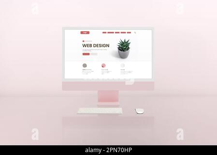 Web design studio with modern computer display and web page layout concept on it. Pink display and background Stock Photo