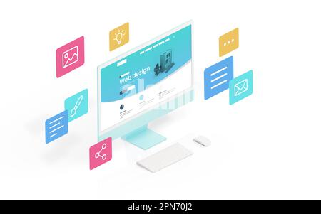 Web design studio page on computer display surrounded by flying web page layout elements concept Stock Photo