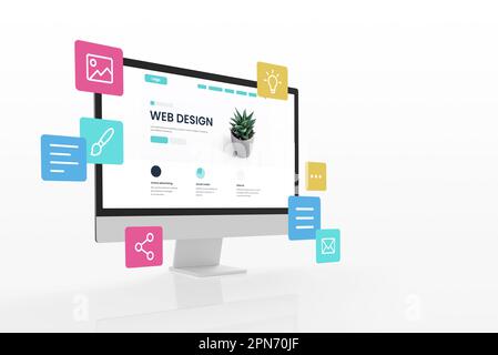 Concept of assembling a web page from modules that fly around the display. The web design studio concept page is on the display Stock Photo