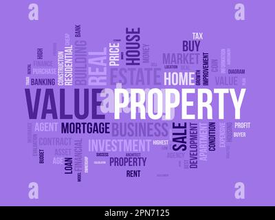 Word cloud background concept for Property value. Investment business, financial loan mortgage, housing evaluation of property business. vector illust Stock Vector