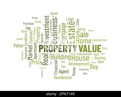 Word cloud background concept for Property value. Investment business, financial loan mortgage, housing evaluation of property business. vector illust Stock Vector