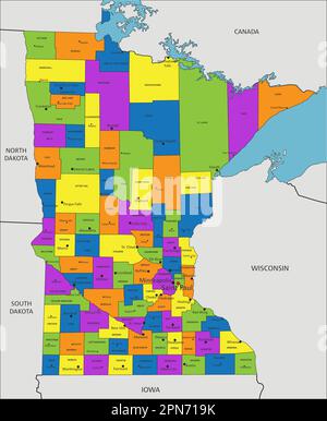 Colorful Minnesota political map with clearly labeled, separated layers ...