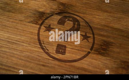 Question mark stamp printed on wooden box. Faq help query and answer concept. Stock Photo