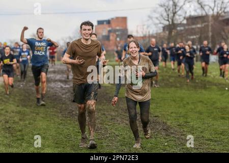 London, UK. 15th Apr, 2023. Participants take part in Tough Mudder race in Finsbury Park, London. Tough Mudder was co-founded by Will Dean and Guy Livingstone and the race consists of obstacles that play on common human fears, such as fire, water, electricity, and heights. Participants form teams and raise money for charities. Credit: SOPA Images Limited/Alamy Live News Stock Photo