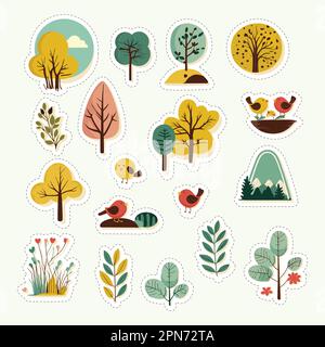 Sticker Style Tree, Flower, Cute Birds, Leaves With Mountains Element Set. Stock Vector