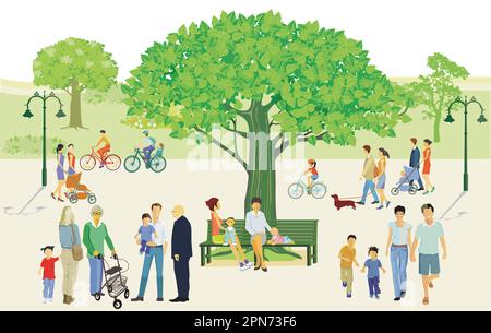 Families and people at leisure in the park, illustration Stock Vector