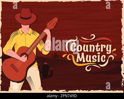 Country Music Concept With Young Man Wearing Cowboy Hat And Playing A Guitar On Dark Red Wooden Texture And Cactus Sand Landscape Background. Stock Vector