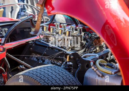 close up of 60s retro racing car V8 engine Stock Photo