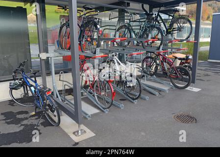 Station two tier cycle rack at Krummenau train station in the St Gallen Canton, Switzerland Stock Photo