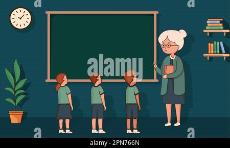 Female Teacher Character Giving Instructions To Her Students In Front of Empty Green Board In Classroom Interior View. Stock Vector