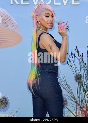 THERMAL, COACHELLA VALLEY, RIVERSIDE COUNTY, CALIFORNIA, USA - APRIL 15: Saweetie arrives at the REVOLVE Festival 2023 celebrating the 20th Anniversary of REVOLVE in partnership with The h.wood Group on April 15, 2023 in Thermal, Coachella Valley, Riverside County, California, United States. (Photo by Image Press Agency) Stock Photo