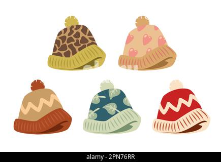 Cute warm hats with pompoms vector illustrations set Stock Vector