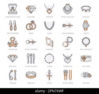 Jewelry flat line icons, jewellery store signs. Jewels accessories - gold engagement rings, gem earrings, silver chain, engraving necklaces Stock Vector
