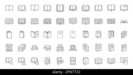 Book line icons set. Open brochure, magazine, literature, dictionary, audiobook, learning, encyclopedia education, information reference vector Stock Vector