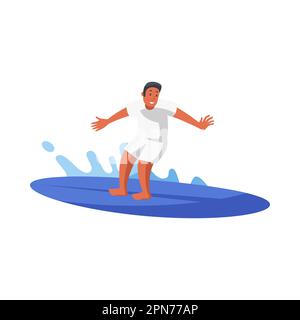 Tanned man riding surfboard on white background Stock Vector
