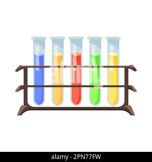 Cartoon test tubes in rack with colorful liquid. Stock Vector
