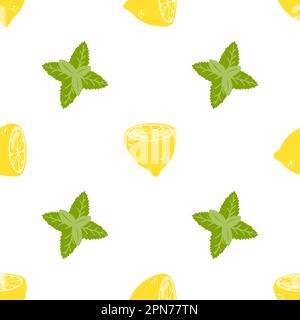 Seamless pattern with lemons and mint. Vector background with hand drawn citrus fruits for wrapping paper, textile, print, card Stock Vector