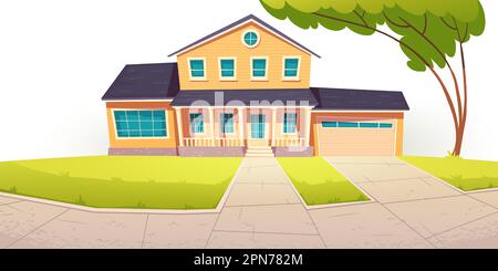 Suburban cottage, residential house with garage. Vector cartoon illustration of village mansion facade. Summer countryside landscape of with private building and tree Stock Vector