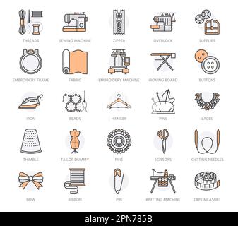 Sewing equipment, tailor supplies flat line icons set. Needlework accessories - sewing embroidery machine, pin, needle, thread, zipper, hanger and Stock Vector