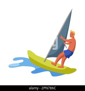Tanned man windsurfing on white background Stock Vector