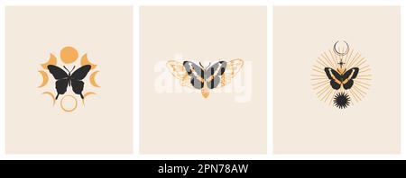 Set of celestial background with butterflies, stars and crescent moon ...