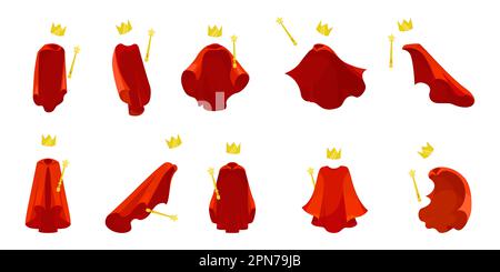 Red kings robe with golden crown and scepter vector illustration set Stock Vector
