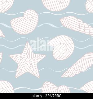 Sea shell vector seamless pattern. Textured seashells, stars background. Summer line doodle shapes on blue, underwater vintage fabric, wrap. Stock Vector