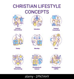 Christian lifestyle concept icons set Stock Vector