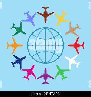 Set of colorful planes flying to abstract globe Stock Vector