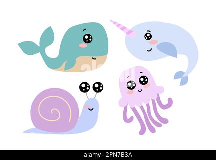 Animals with cute eyes and blush on cheeks vector set Stock Vector