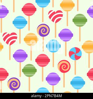 Colorful lollipop seamless pattern on yellow background. Bright fun holiday sweet repeat tile design. Party treat food wallpaper. Stick candy wrapping Stock Vector