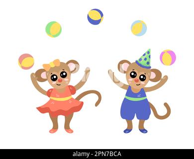 Cute comic monkeys juggling balls vector illustration Stock Vector