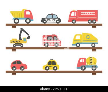 Shelves with toys. There are different toy cars: firefighters car, ambulance car, truck, police car, taxi, excavator, concrete mixer truck, garbage tr Stock Vector