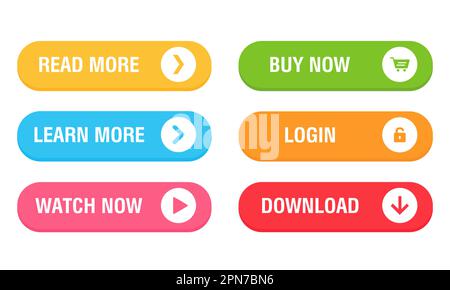 Set of vector modern trendy buttons. Trendy colors on white background. Read more, learn more, buy now, download, watch now, login colorful button set Stock Vector