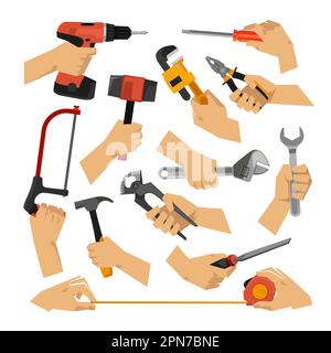Hands of craftsmen holding tools vector illustrations set Stock Vector