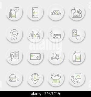 Food delivery line icon set, fast food symbols collection, vector sketches, neumorphic UI UX buttons, food delivery service icons, fast delivery signs linear pictograms Stock Vector