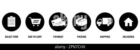 Concept of shopping process with 6 successive steps. Order parcel processing bar, ship, delivery signs for express courier delivery. Order delivery Stock Vector