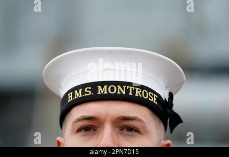 A view of a cap tally won by a crew member of HMS Montrose, during it's decommissioning ceremony at His Majesty's Naval Base in Portsmouth, concluding over 30 years of operations and deployments across the globe. Picture date: Monday April 17, 2023. Stock Photo