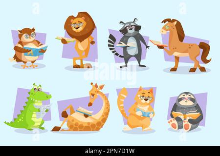Cute animals reading books vector illustration set Stock Vector