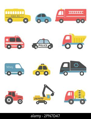Toys isolated on white background. There are different toy cars: firefighters car, truck, police car, taxi, bus, excavator, concrete mixer truck, trac Stock Vector
