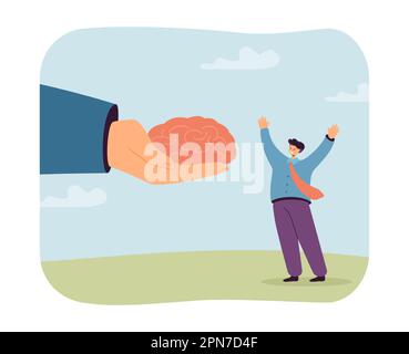 Hand giving human brain to happy tiny employee Stock Vector