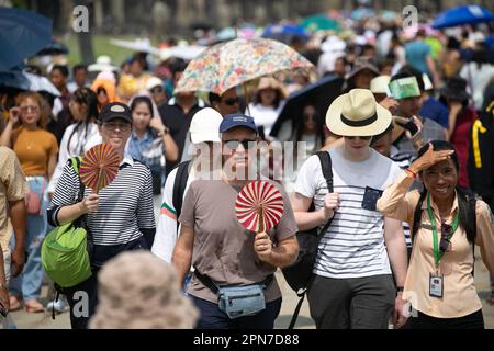 Siem Reap, Cambodia. 16th Apr, 2023. Tourists visit the Angkor Archeological Park in Siem Reap province, Cambodia, April 16, 2023. Cambodia's three-day Sankranta festival, or the traditional New Year celebration, ended on Sunday with 13.1 million people traveling to various tourist attractions across the kingdom, Tourism Minister Thong Khon said on Monday.TO GO WITH 'Cambodia's Sankranta festival ends with over 13 mln tourists traveling across country' Credit: Sao Khuth/Xinhua/Alamy Live News Stock Photo