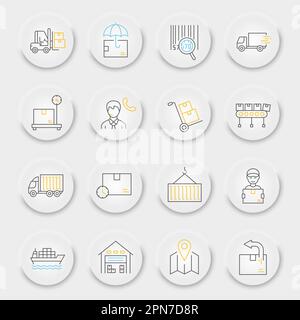 Logistics shipping line icon set, delivery symbols collection, vector sketches, neumorphic UI UX buttons, logistic delivery icons, shipping signs linear pictograms Stock Vector