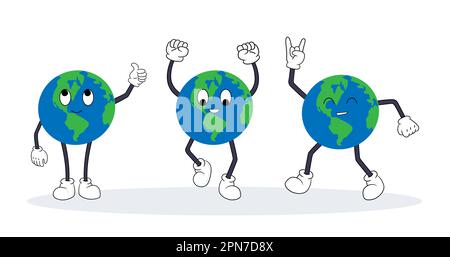 Set of globe characters with cute poses and gestures Stock Vector