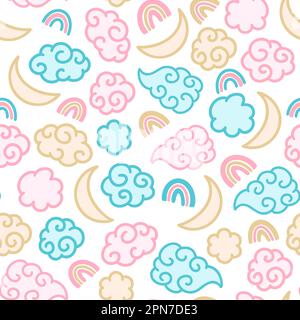 Cute Rainbows, Clouds and Moons Vector Seamless Pattern. Doodle Childish Background for Nursery Interior or Fabric Textile Stock Vector