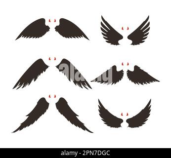 Black evil wings and red horns set Stock Vector